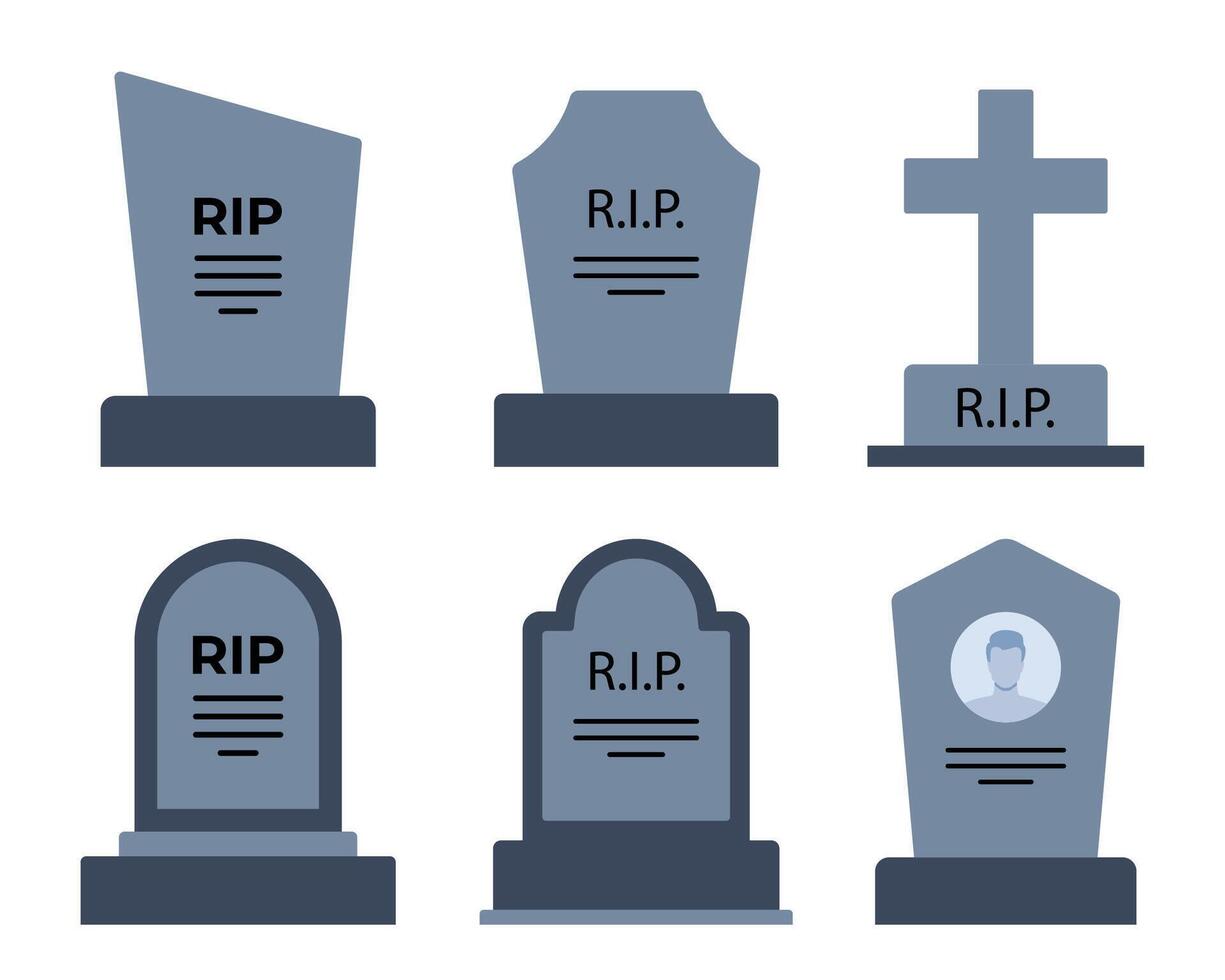 Graveyard tombstone of different shape and form, set. Memory tomb, burial service. Vector illustration.