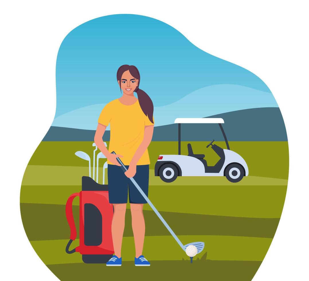 Woman playing golf. Golfer with golf club on green grass, bag with professional equipment and driving cart, sport game outdoor concept. Summer hobby and recreation. Vector illustration.