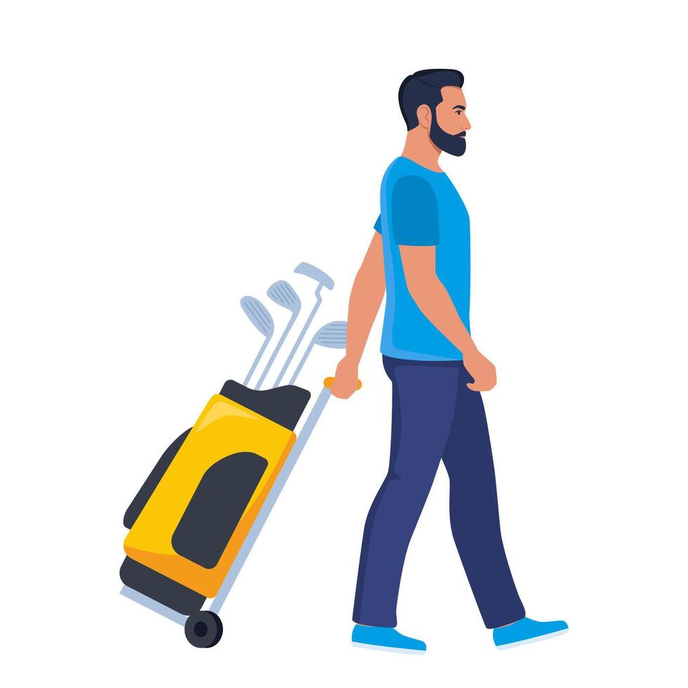 hombre golf jugador caminando con golf club bolsa, lado vista. vector ilustración.