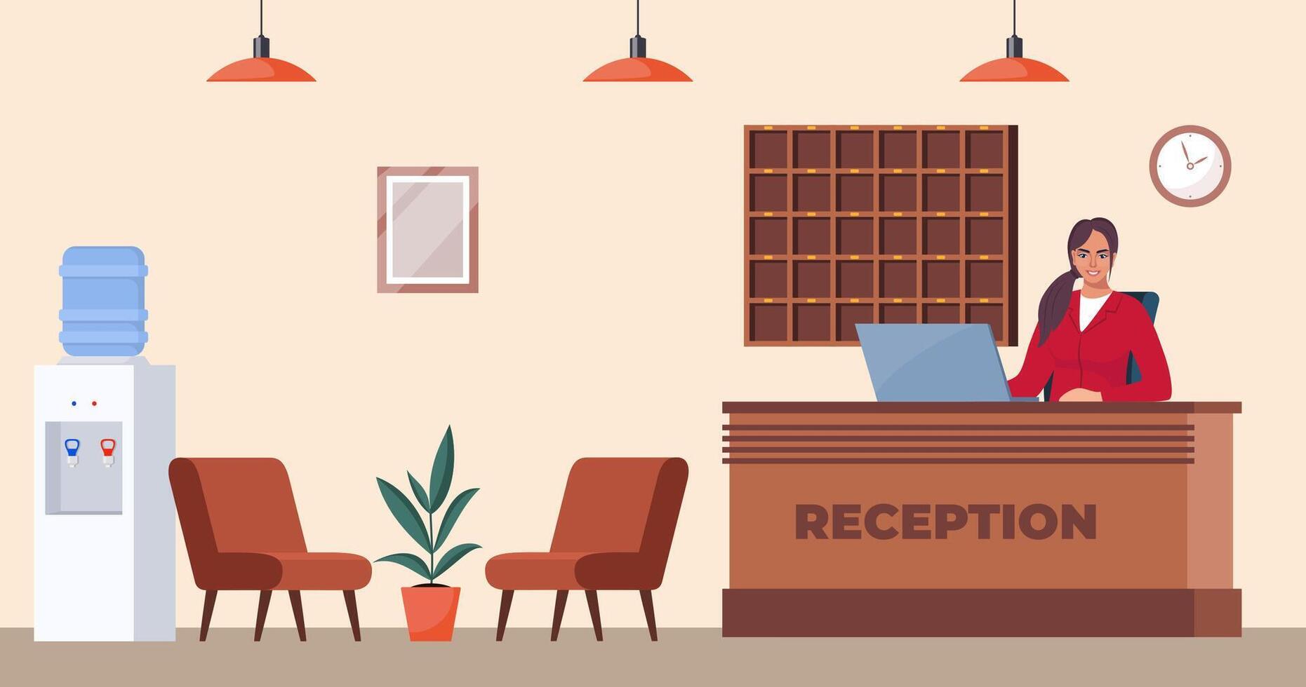 hotel recepción con computadora y mujer recepcionista, flor en maceta, relojes en pared. moderno Posada vestíbulo, salón o vestíbulo. turismo, negocio viaje concepto. vector ilustración.