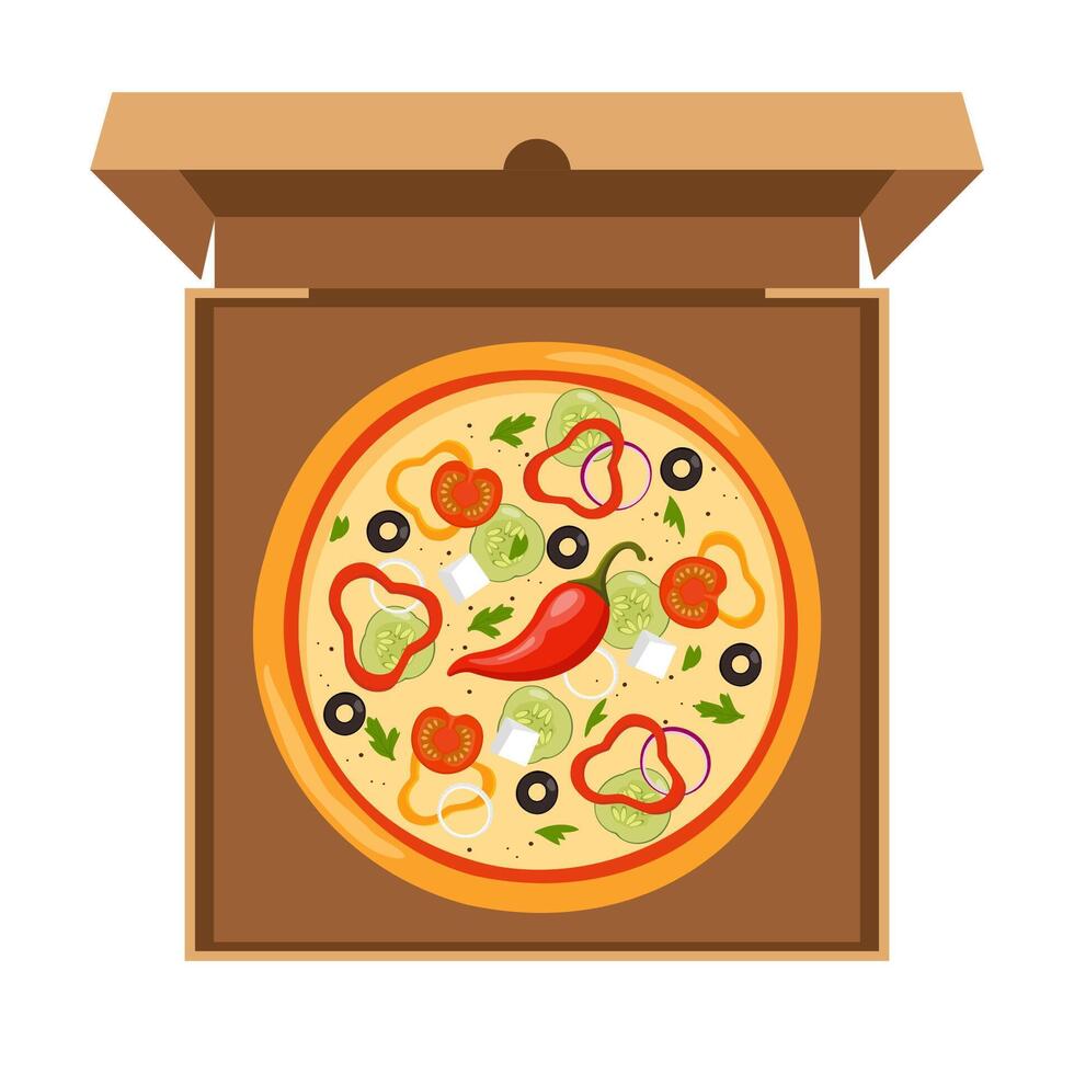 Fresh round pizza with tomato, cheese, olive, pepper, onion, basil. Traditional Italian fast food. Top view meal in an open cardboard box. Vector illustration.