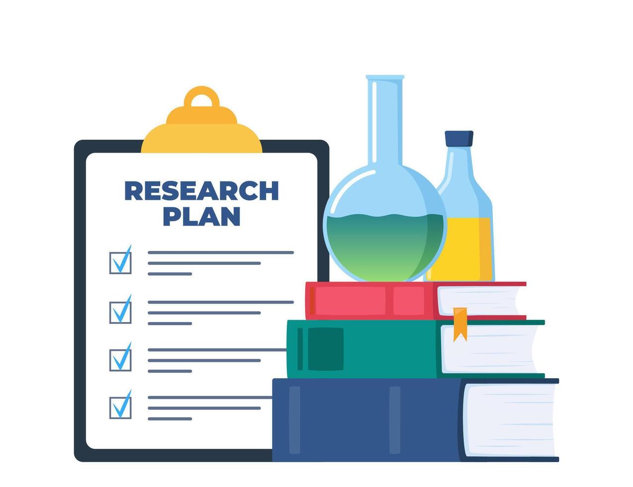 Chemical laboratory research plan on clipboard with checklist. Chemical Laboratory equipment and books. Lab research, testing, studies in chemistry. Vector illustration.