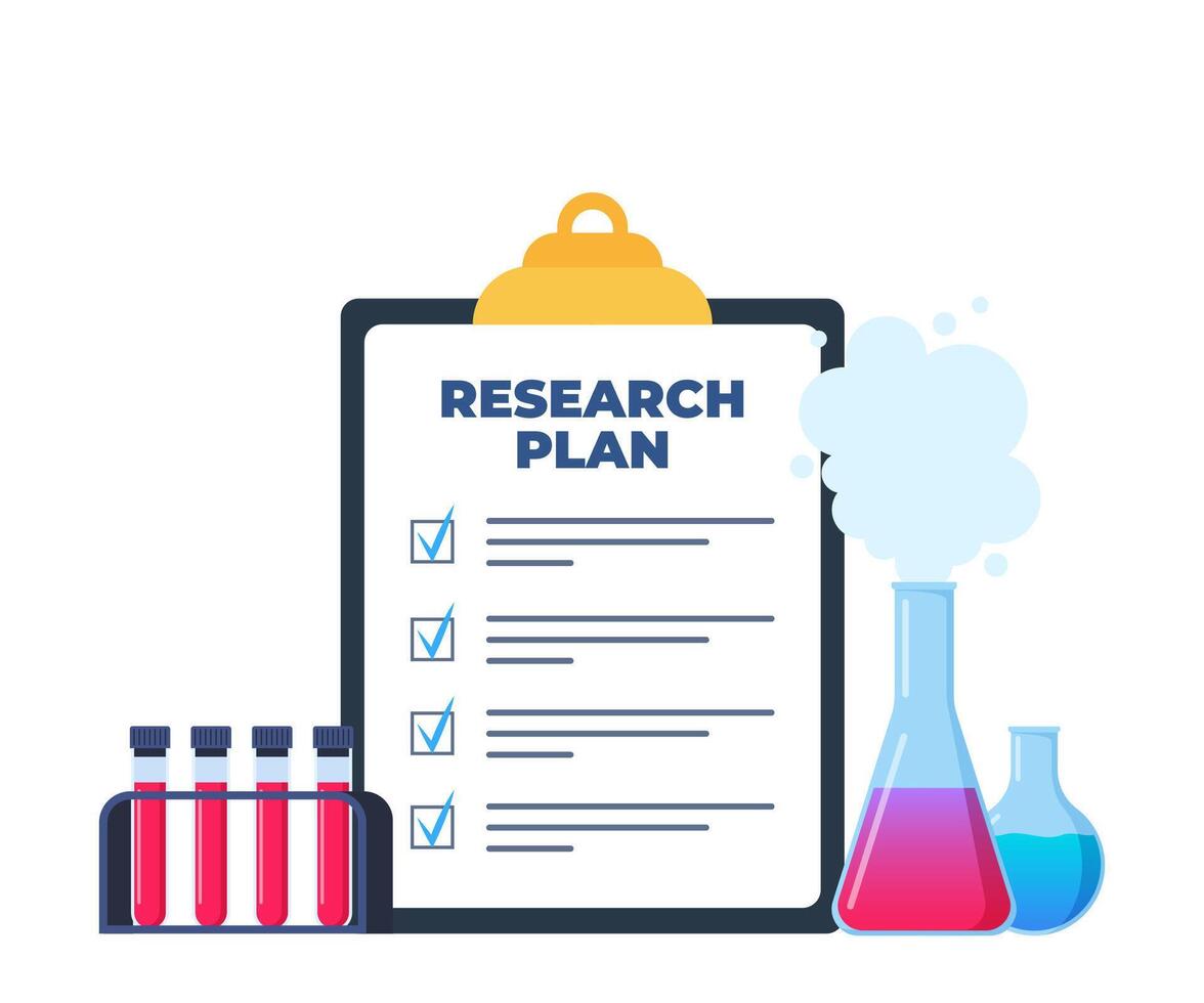 Chemical laboratory research plan on clipboard with checklist. Chemical Laboratory with different glass flasks, vials. Lab research, testing, studies in chemistry. Vector illustration.