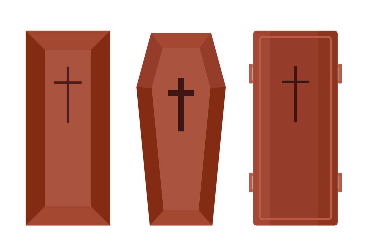 Set of coffins. Brown beautiful wooden coffin with cross on the lid. Vector illustration of accessories for death.