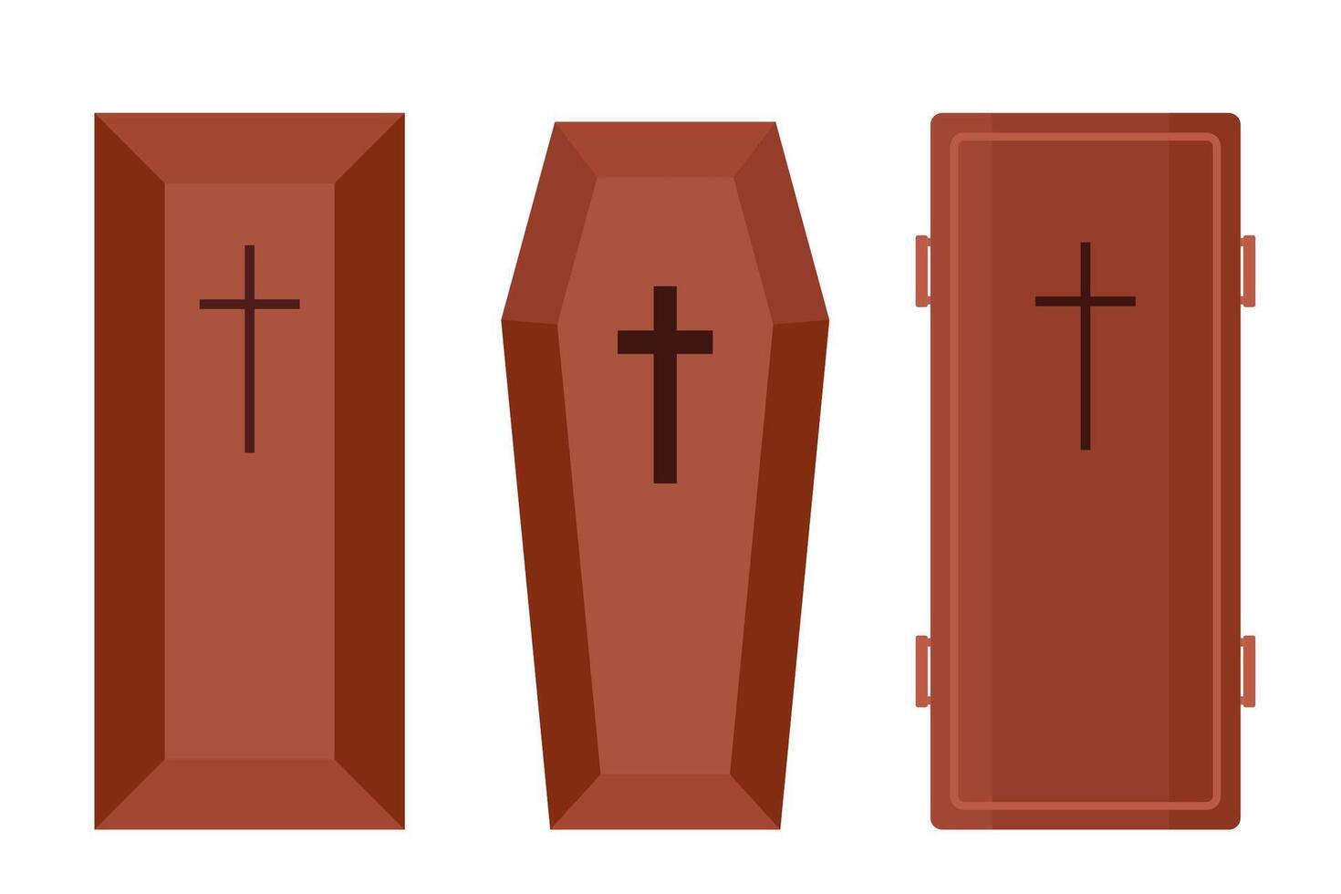 Set of coffins. Brown beautiful wooden coffin with cross on the lid. Vector illustration of accessories for death.