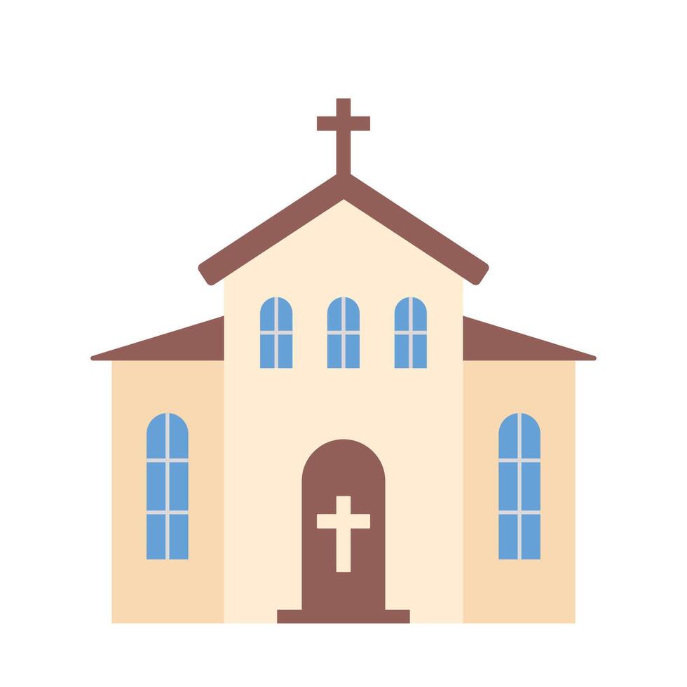 Catholic Church building flat icon. Church facade with large windows and a cross. Vector illustration.