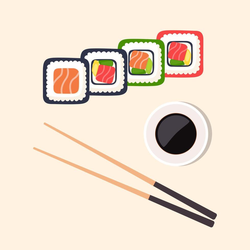 Sushi set board with chopsticks and soy sauce. Sushi illustration with trout fish, salmon and caviar. Sushi set. Vector illustration.