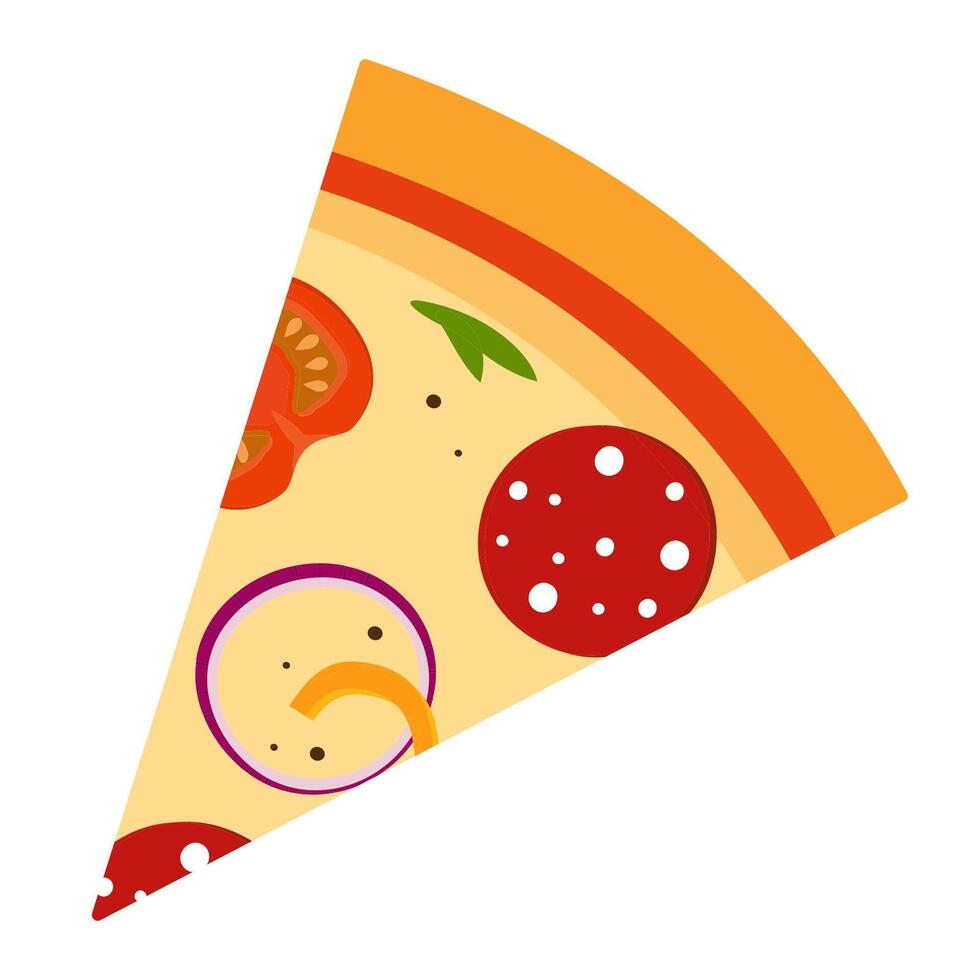 Fresco Pizza triangular pedazo. Pizza con tomate, queso, aceituna, embutido, cebolla, albahaca. tradicional italiano rápido alimento. parte superior ver comida. vector ilustración.