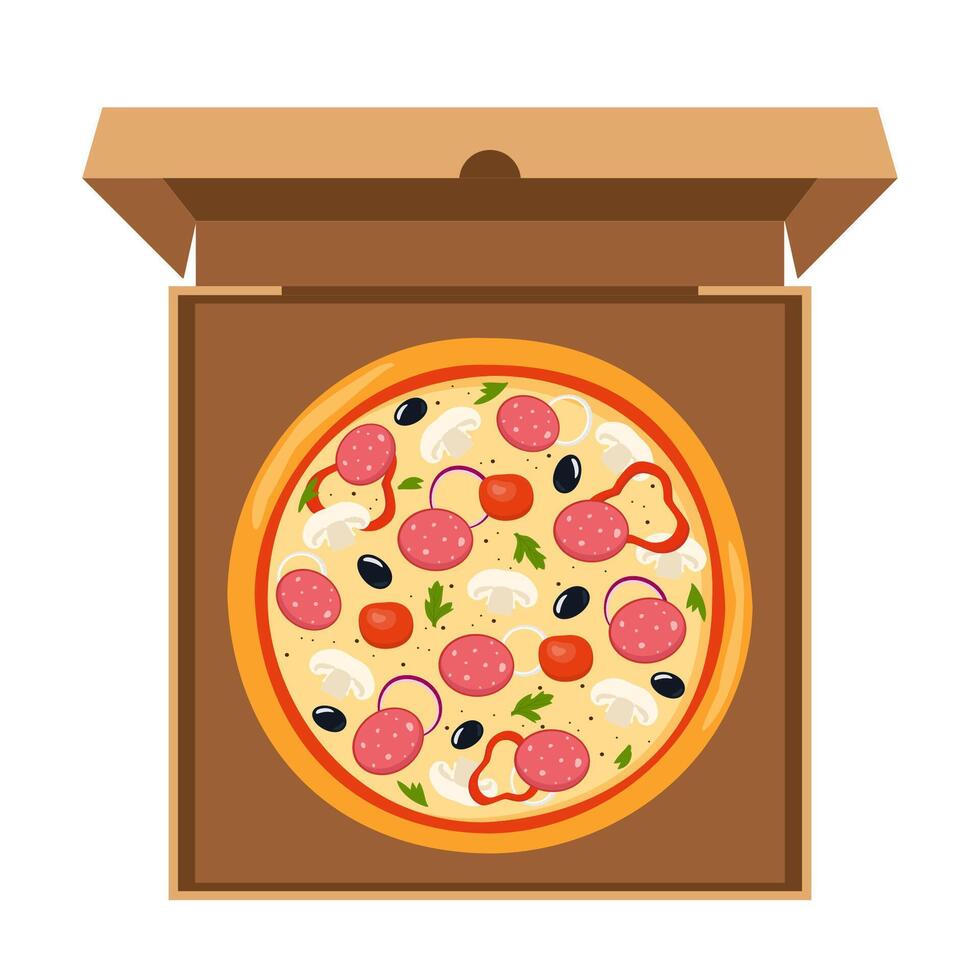 Fresh round pizza with tomato, cheese, olive, sausage, onion, mushrooms. Traditional Italian fast food. Top view meal in an open cardboard box. Vector illustration.