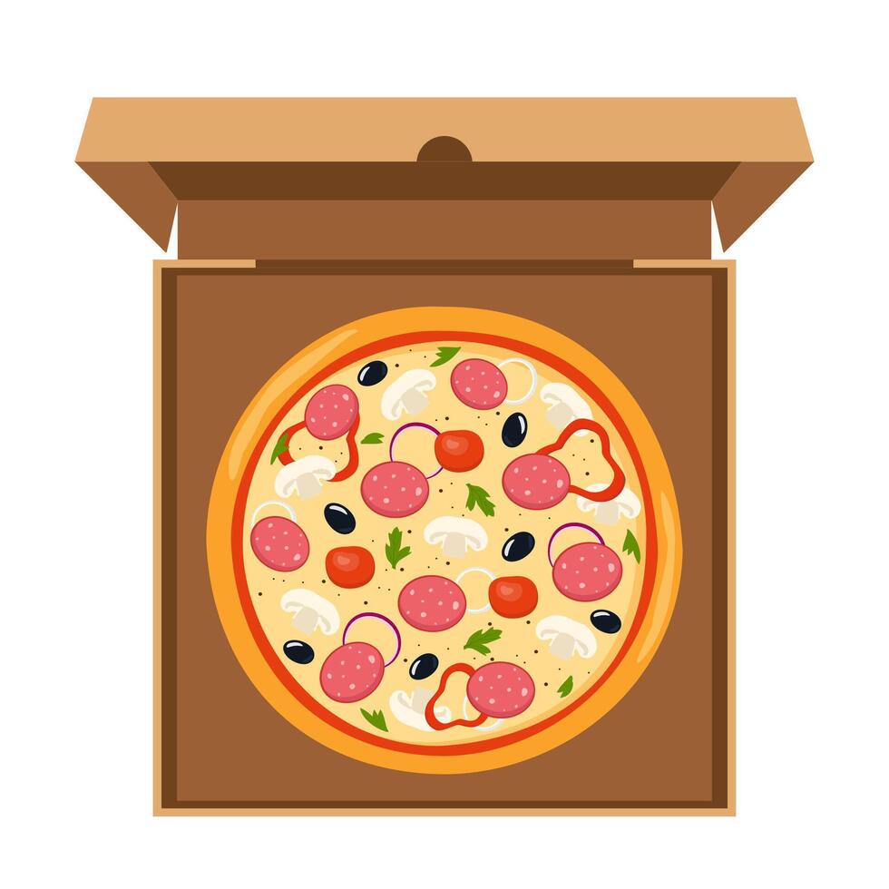 Fresco redondo Pizza con tomate, queso, aceituna, embutido, cebolla, hongos. tradicional italiano rápido alimento. parte superior ver comida en un abierto cartulina caja. vector ilustración.