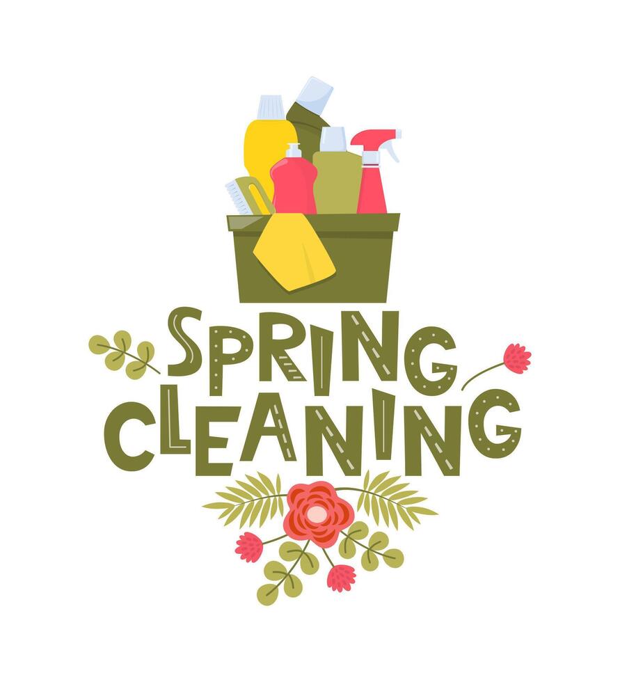 Spring Cleaning Lettering, home cleanup tools and flowers. Spring Cleaning for card, advertising, social media, flyer, poster, banner. Vector illustration.