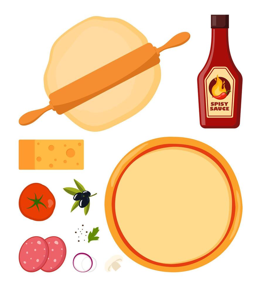 Pizza cooking steps. Easy recipe for homemade Italian food. Salami and sauce, tomato and cheese. Preparation of the dough. Vector illustration.
