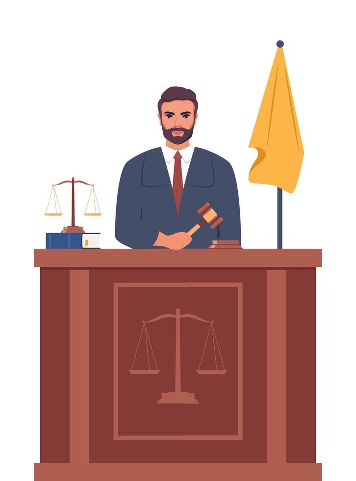 Judge with hammer. Man in black robe with gavel. Jurisprudence, justice and law. Legal and sentencing. Judgement concept. Vector illustration.