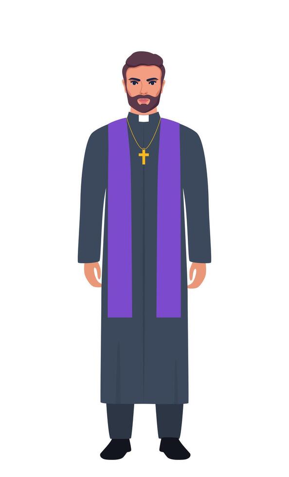 Catholic priest stands tall. Catholic priest in a cassock with a cross. Vector illustration.