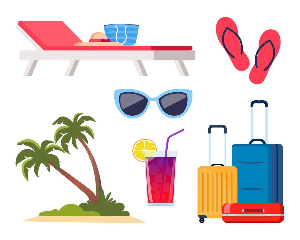 Adventure tourism, travel abroad, summer vacation trip decorative design elements. Set of travel icons. Transport, hotel, baggage, airport. cocktail, palm. Vector illustration.