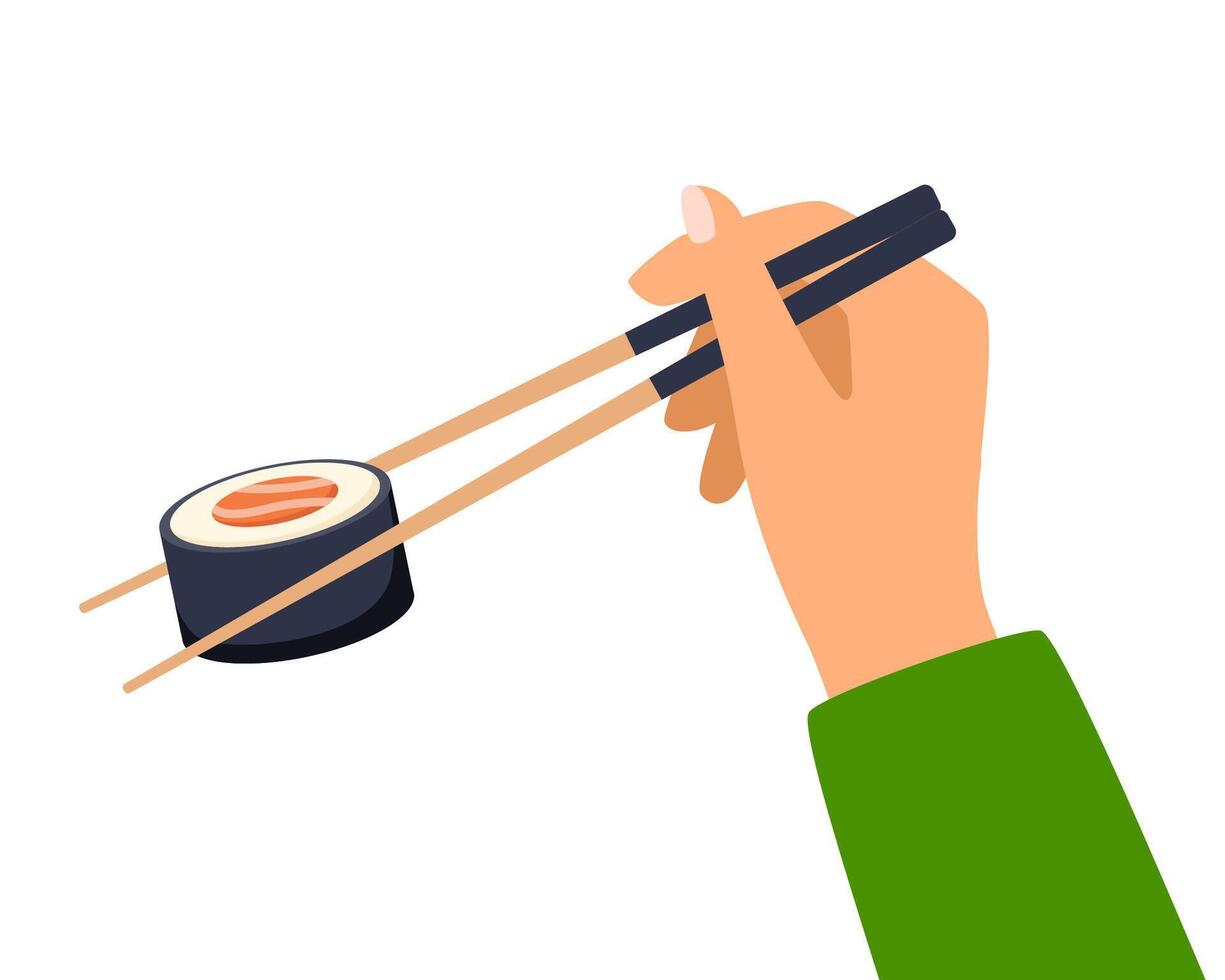 Hand holds chopsticks with sushi. Hand holds bamboo sticks. Asian cuisine. Image showing how to use chopsticks. Vector illustration.