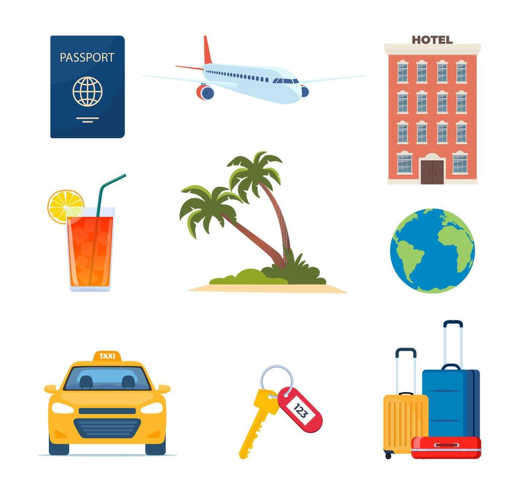 Adventure tourism, travel abroad, summer vacation trip decorative design elements. Set of travel icons. Transport, hotel, baggage, airport. cocktail, palm. Vector illustration.