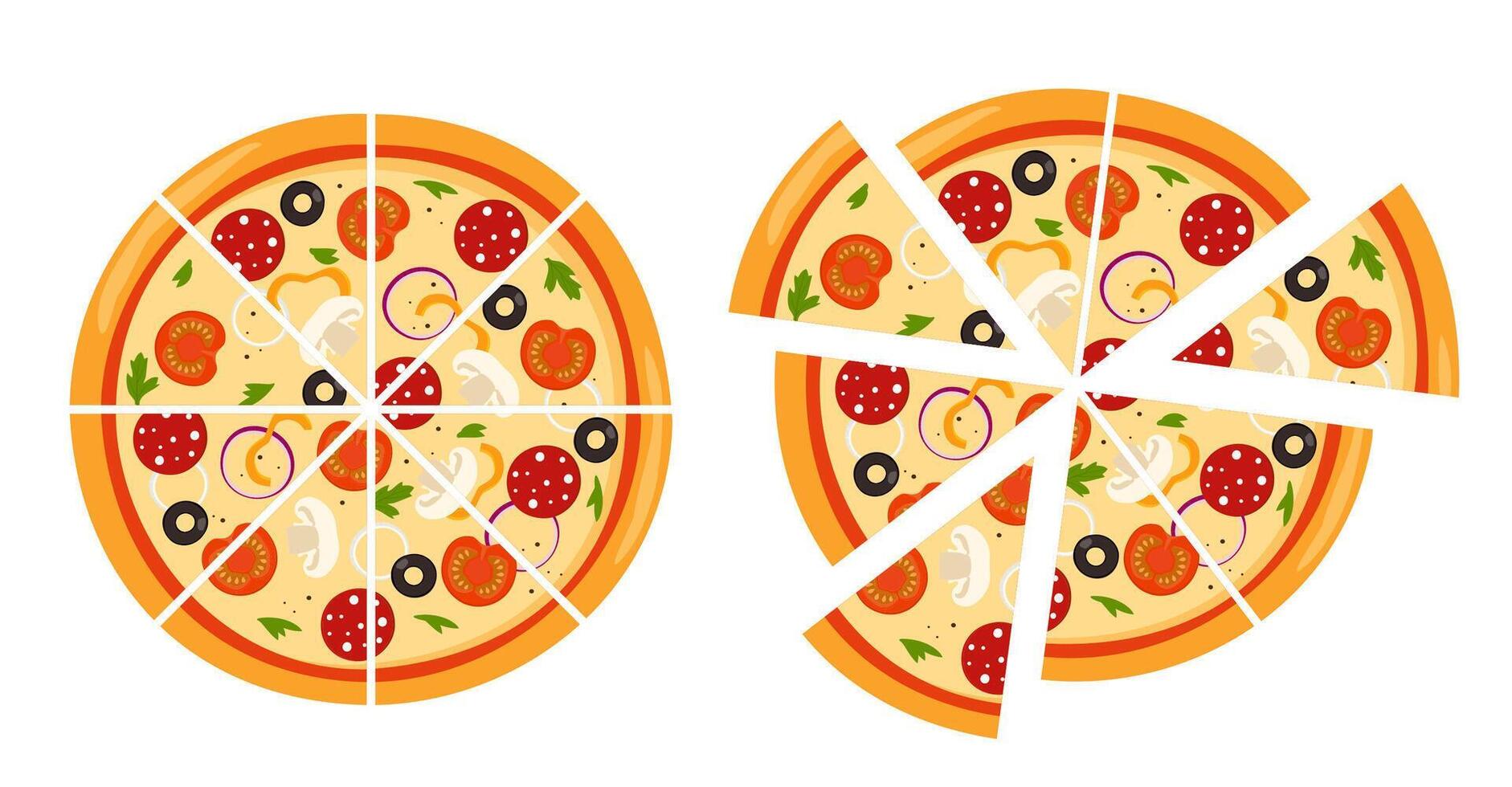 Fresh round pizza cut into triangular pieces. Pizza with tomato, cheese, olive, sausage, onion, basil. Traditional Italian fast food. Top view meal. Vector illustration.