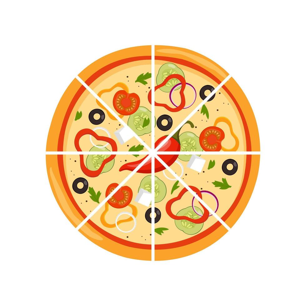 Fresh round pizza cut into triangular pieces. Pizza with tomato, cheese, olive, pepper, onion, basil. Traditional Italian fast food. Top view meal. Vector illustration.