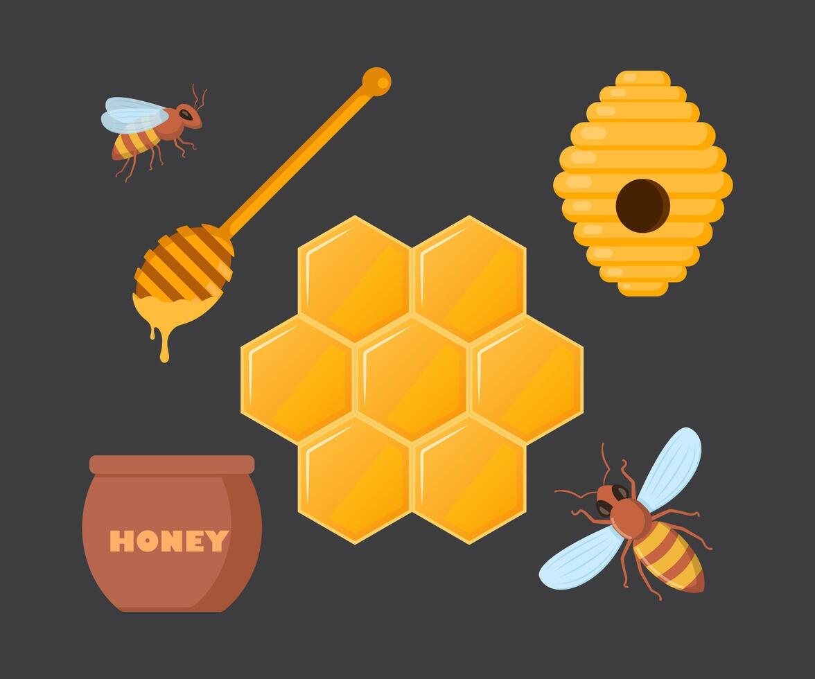apicultura colocar. Colmena, abeja, panales, miel frasco, cazo en oscuro antecedentes. sano dulce jarabe. apicultura granja. miel abeja agricultura negocio. vector ilustración.