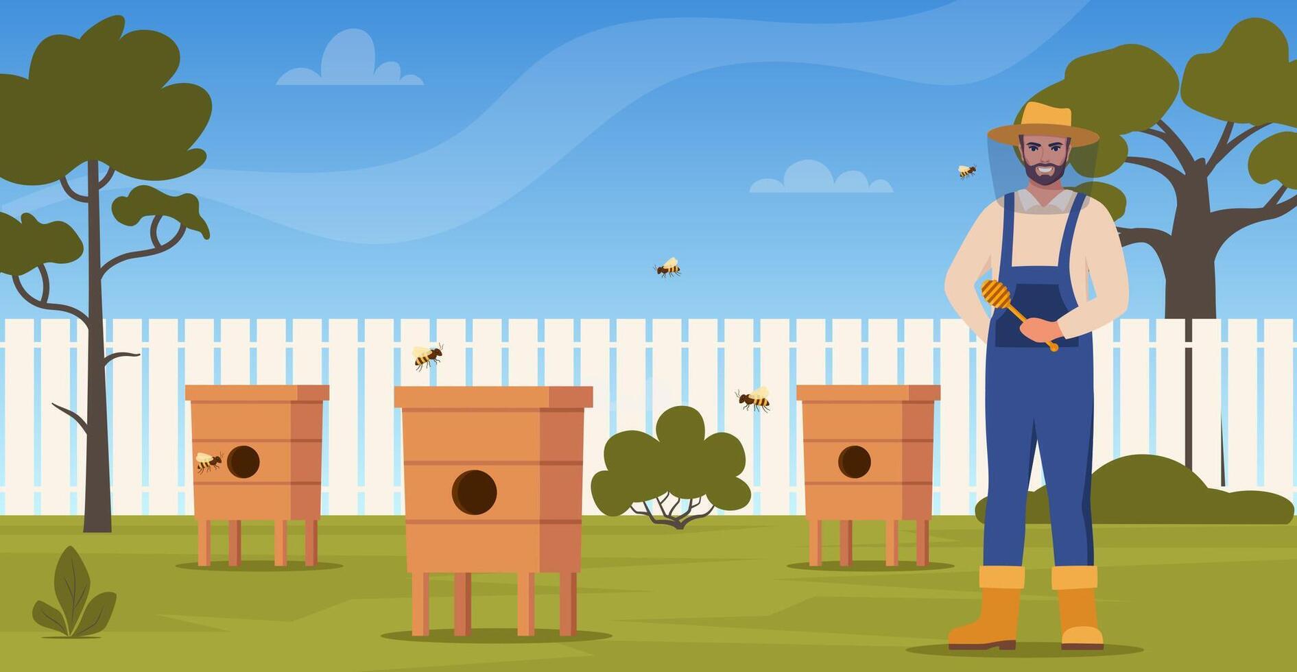 Beekeeper man at apiary, work with hives and honey bees. Apiarist at farm with beehives and flower garden panorama. Apiculture worker beekeeping. Vector illustration.