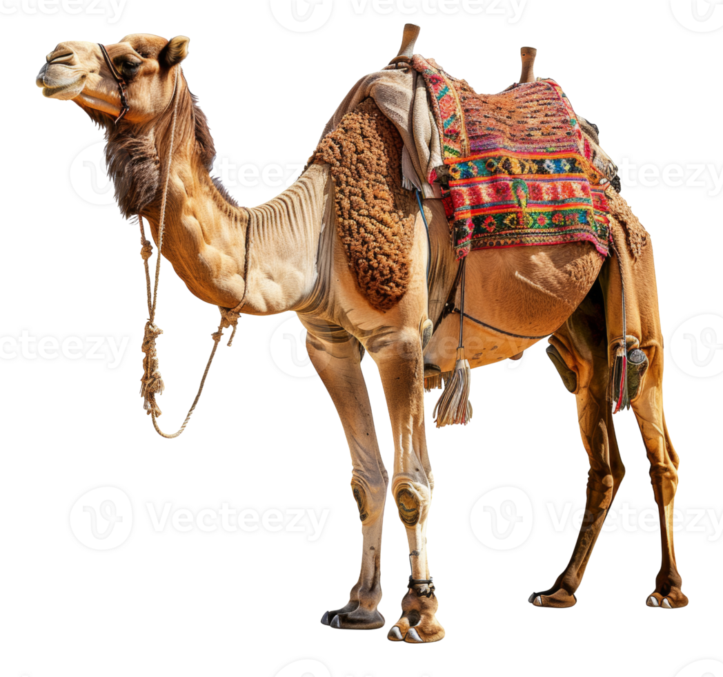 AI generated Decorated camel with traditional saddle on transparent background - stock png. png
