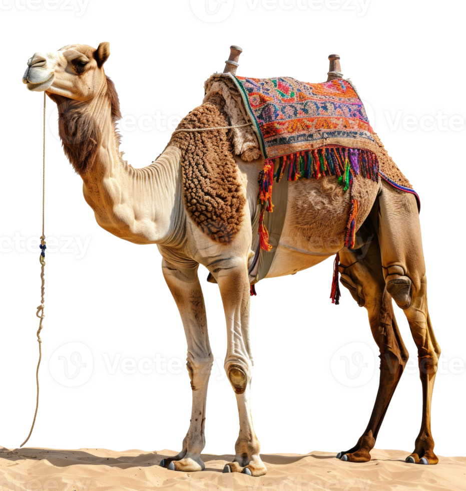 AI generated Decorated camel with traditional saddle on transparent background - stock png. png