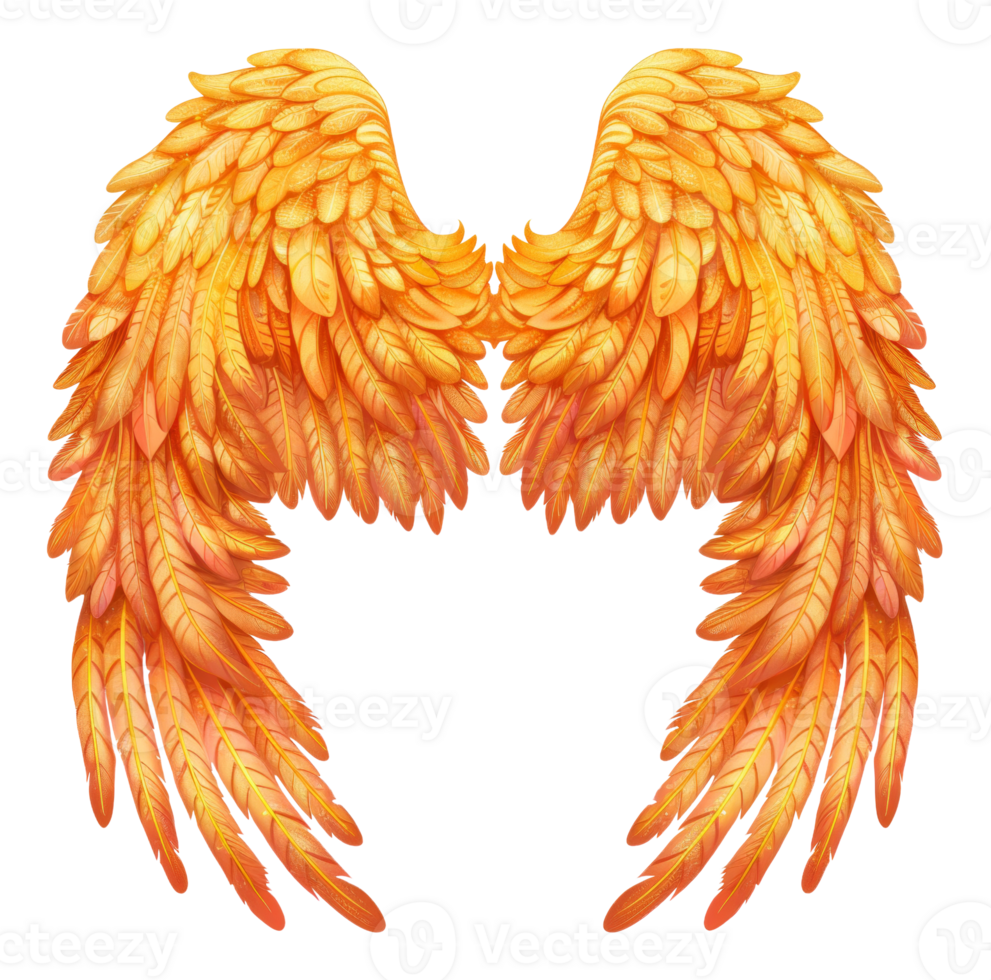 AI generated Fiery orange feathered wings spread out on transparent background - stock png. png