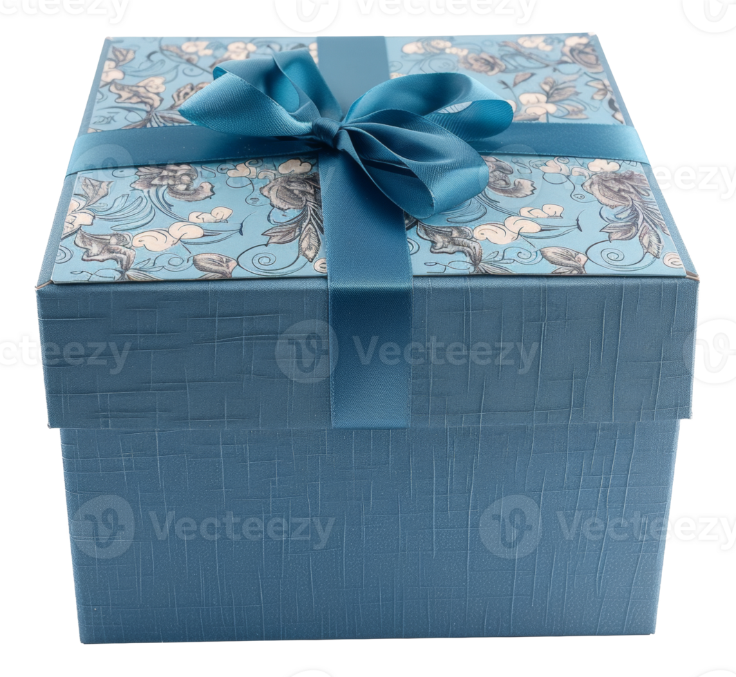 AI generated Blue textured gift box with satin ribbon on transparent background - stock png. png