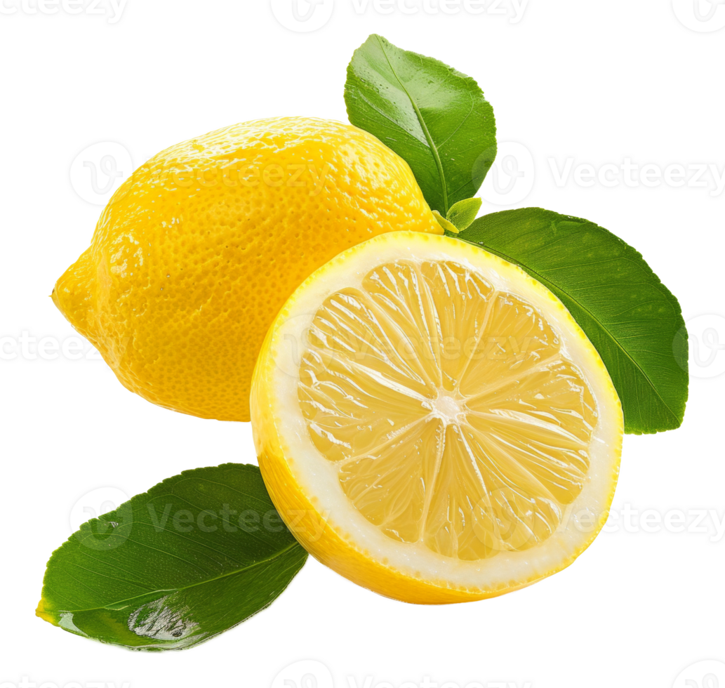 AI generated Fresh lemon slices with green leaves on transparent background - stock png. png