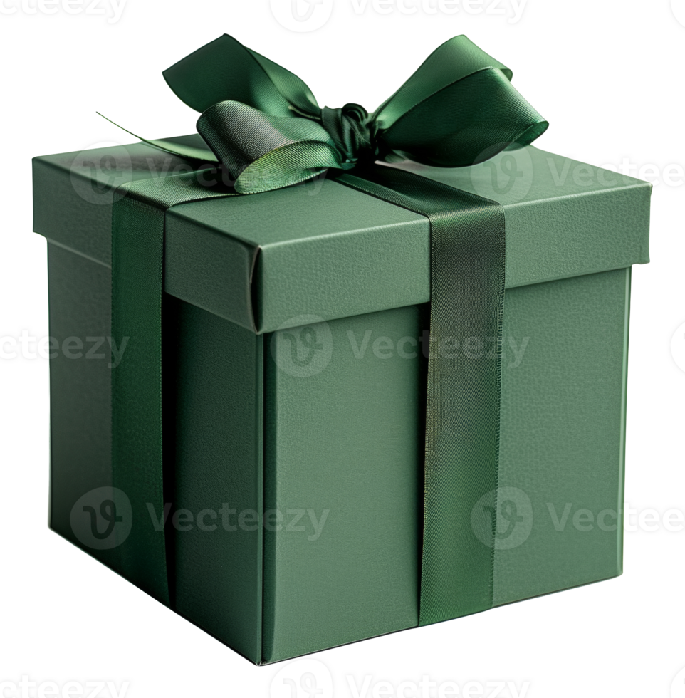 AI generated Solid green gift box with elegant bow on transparent background - stock png. png