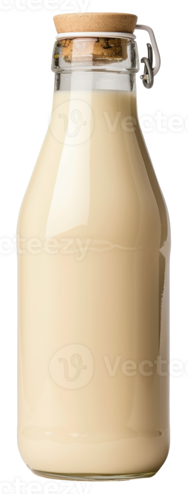 AI generated Glass milk bottle with cork stopper on transparent background - stock png. png