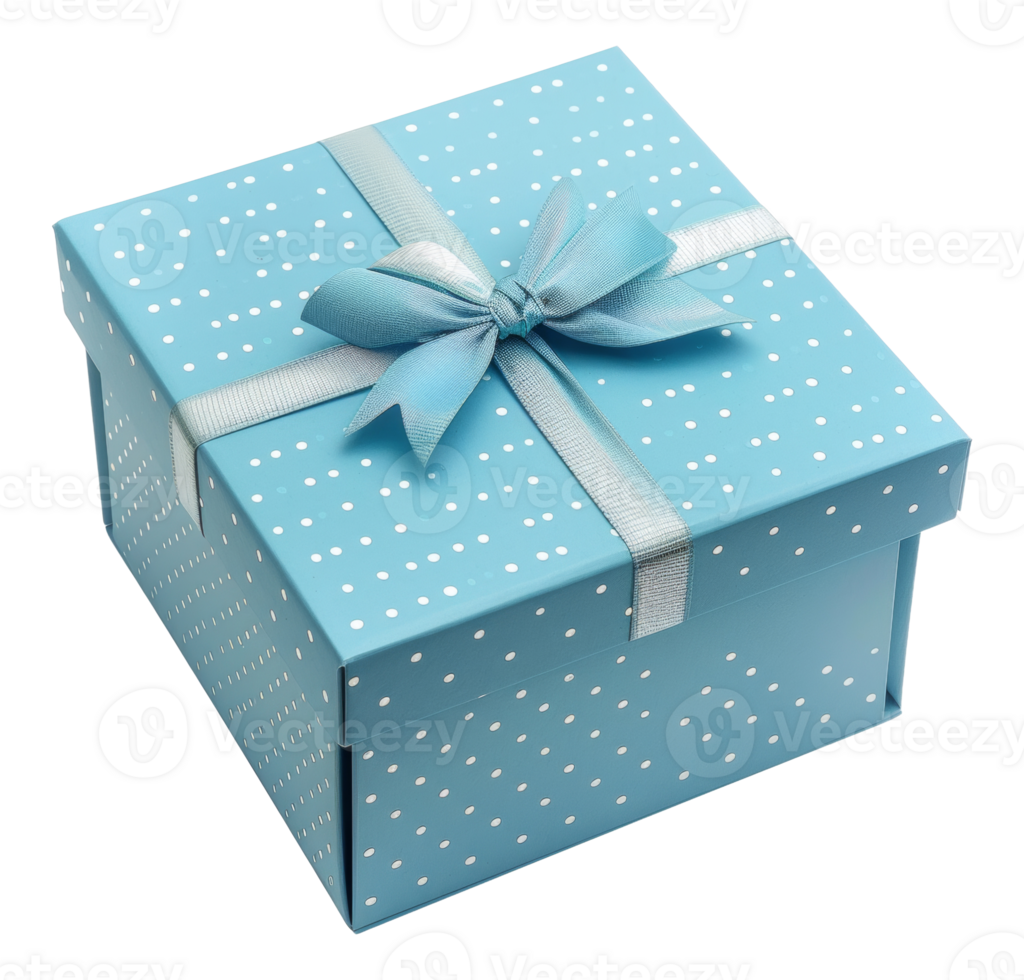 AI generated Light blue polka dot gift box with bow on transparent background - stock png. png