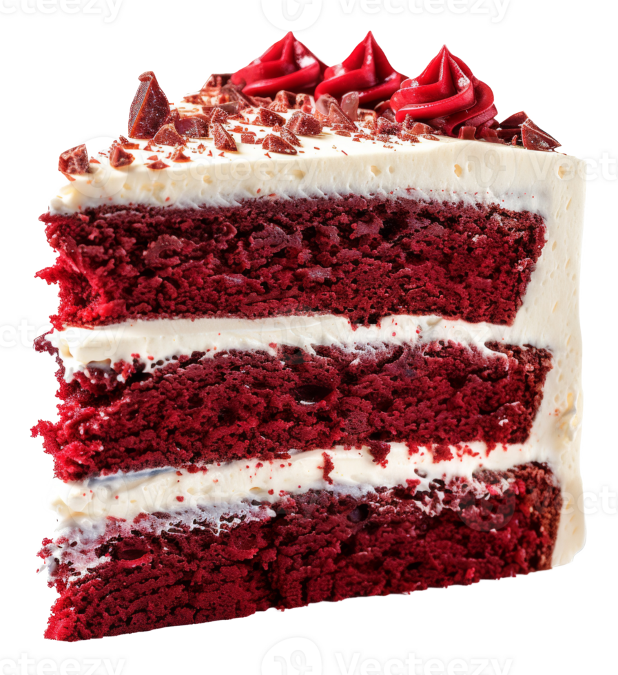 AI generated Red velvet cake slice with cream piping on transparent background - stock png. png
