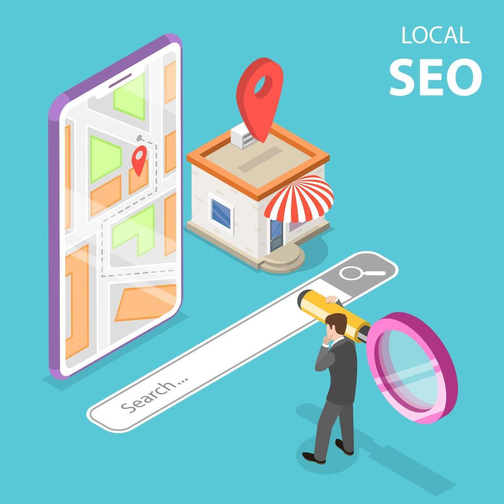 Isometric flat vector concept of local seo, serching store.