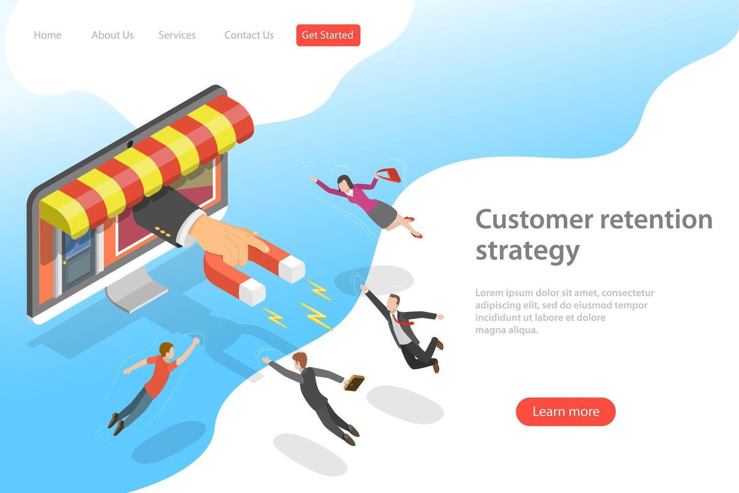 Flat isometric vector landing page template for customer retention strategy.