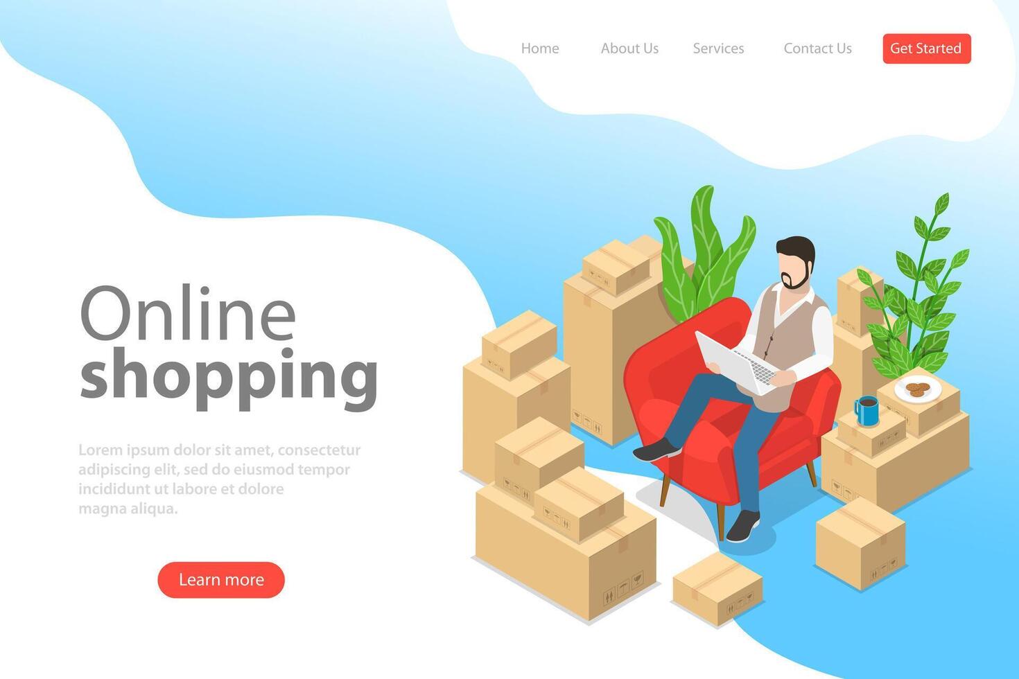 Flat isometric vector landing page template of easy shopping, ecommerce.