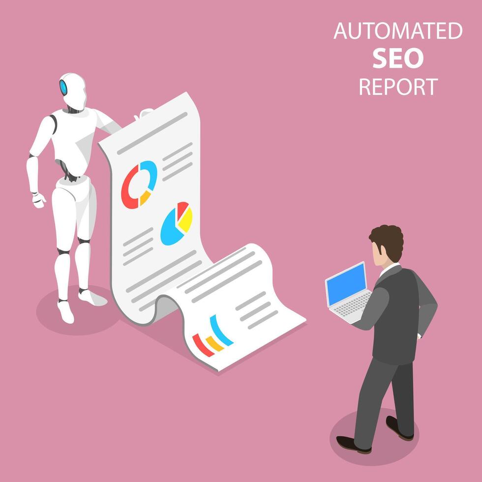 Flat isometric vector concept of automated SEO report, website performance.
