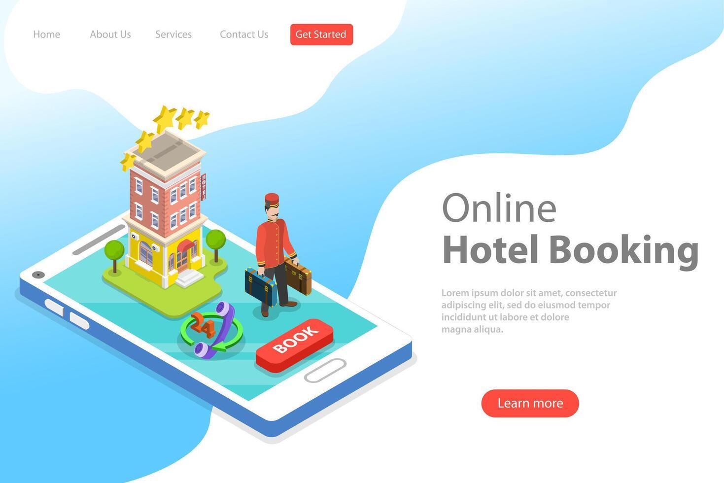 Flat isometric vector landing page template of booking hotel online.