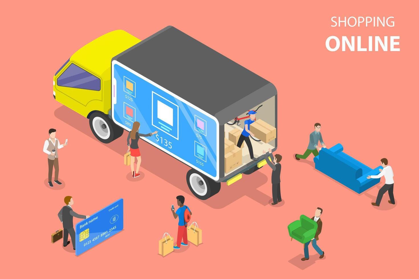 Flat isometric vector concept of easy shopping, ecommerce, online store.