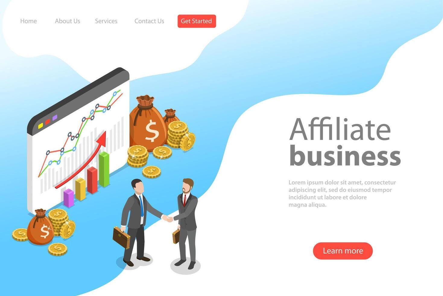 Flat isometric vector landing page template of affiliate marketing.