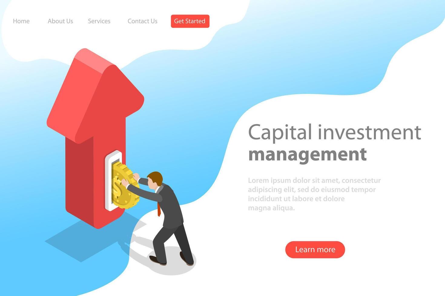 Flat isometric vector landing page template of financial investment.