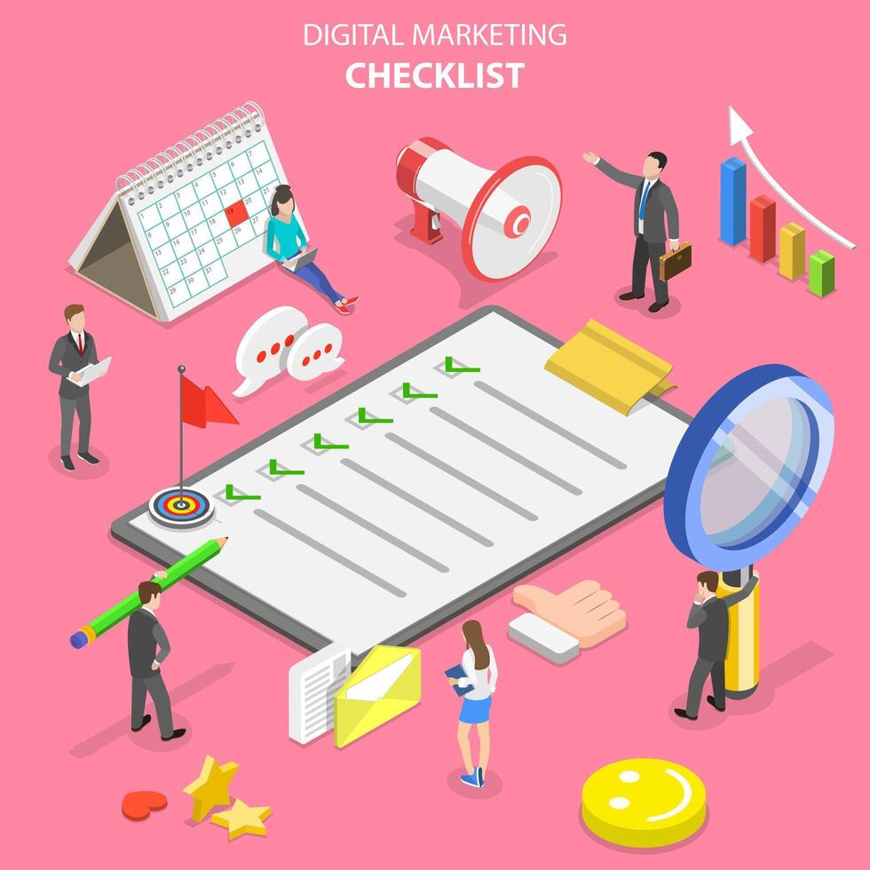 Isometric flat vector concept of marketing checklist, digital marketing.