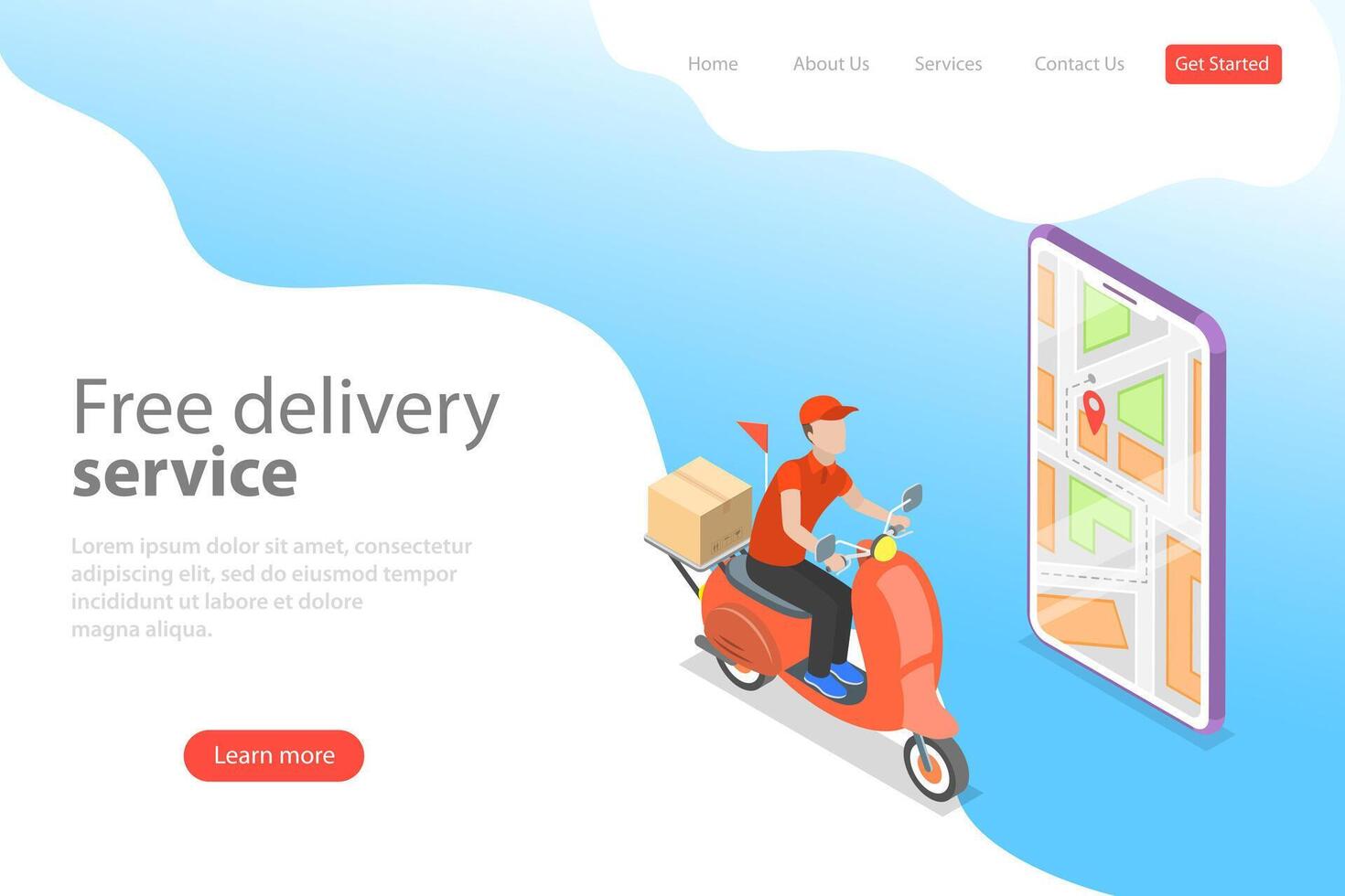 Isometric flat vector landing page template of delivery by scooter.