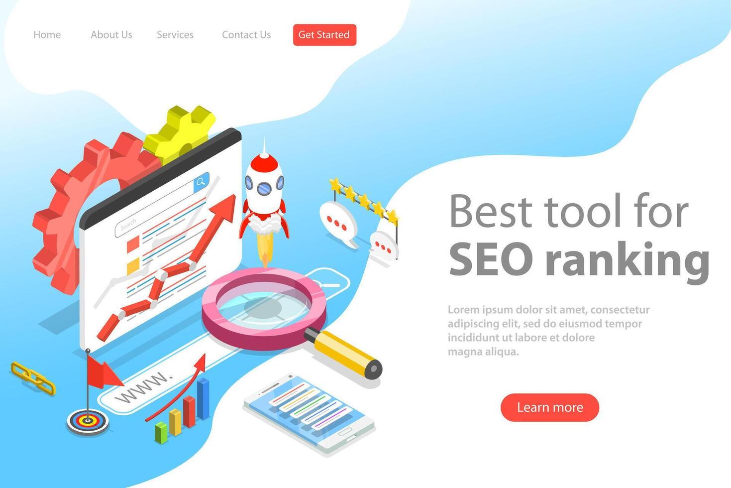 Flat isometric vector landing page template of seo ranking tool.