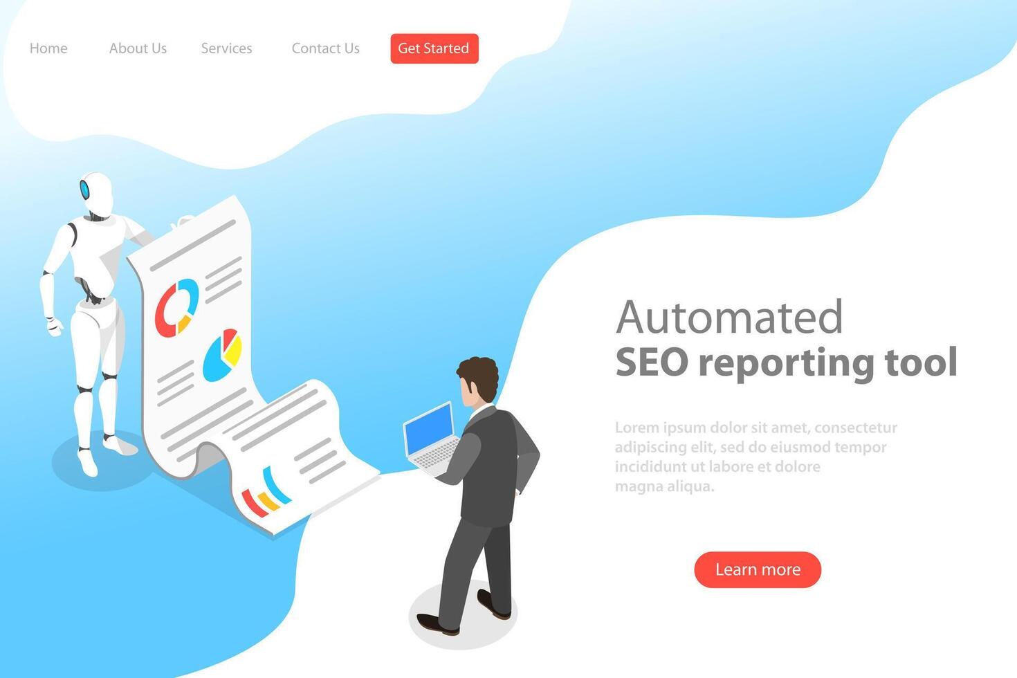 Flat isometric vector landing page template of automated SEO report.