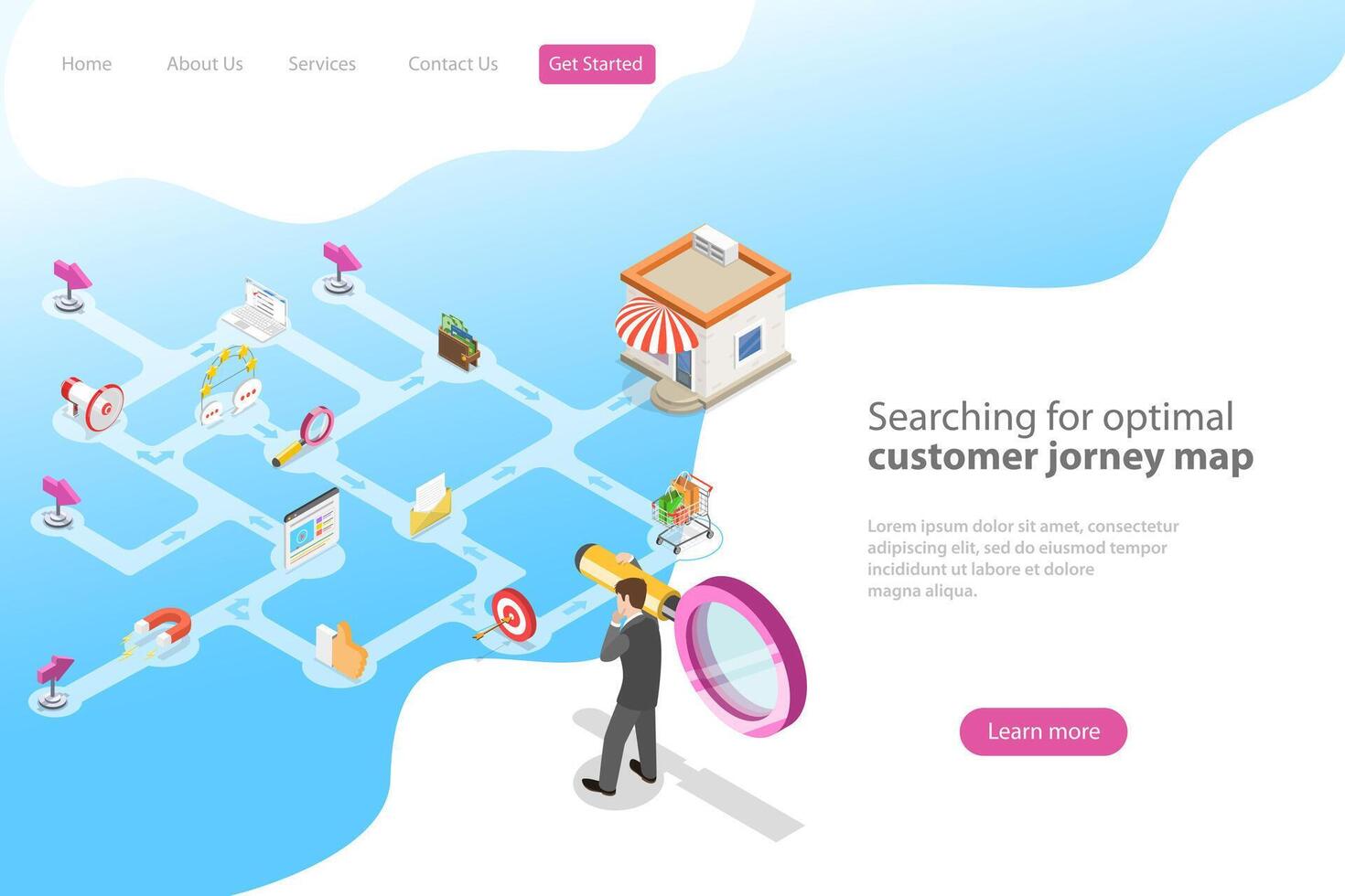 Isometric flat vector landing page for serching for optimal customer journey.
