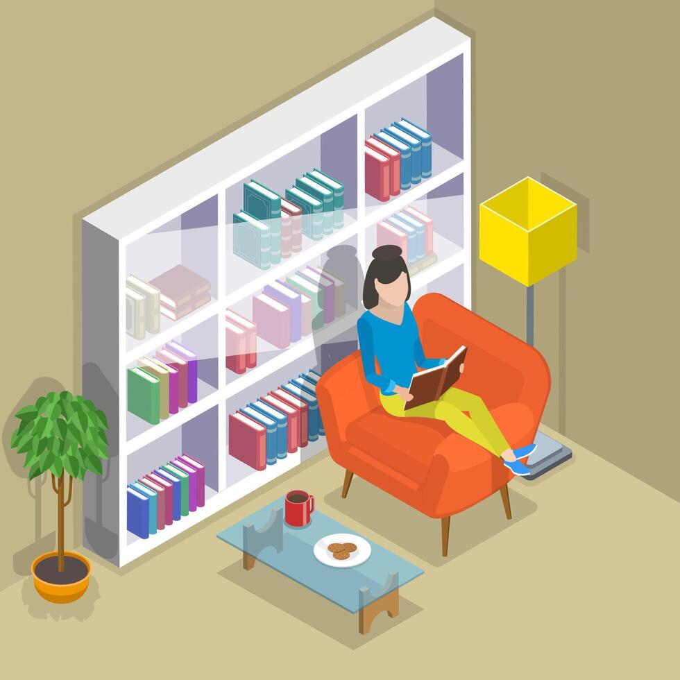 Isometric flat vector concept of reading, favorite book.