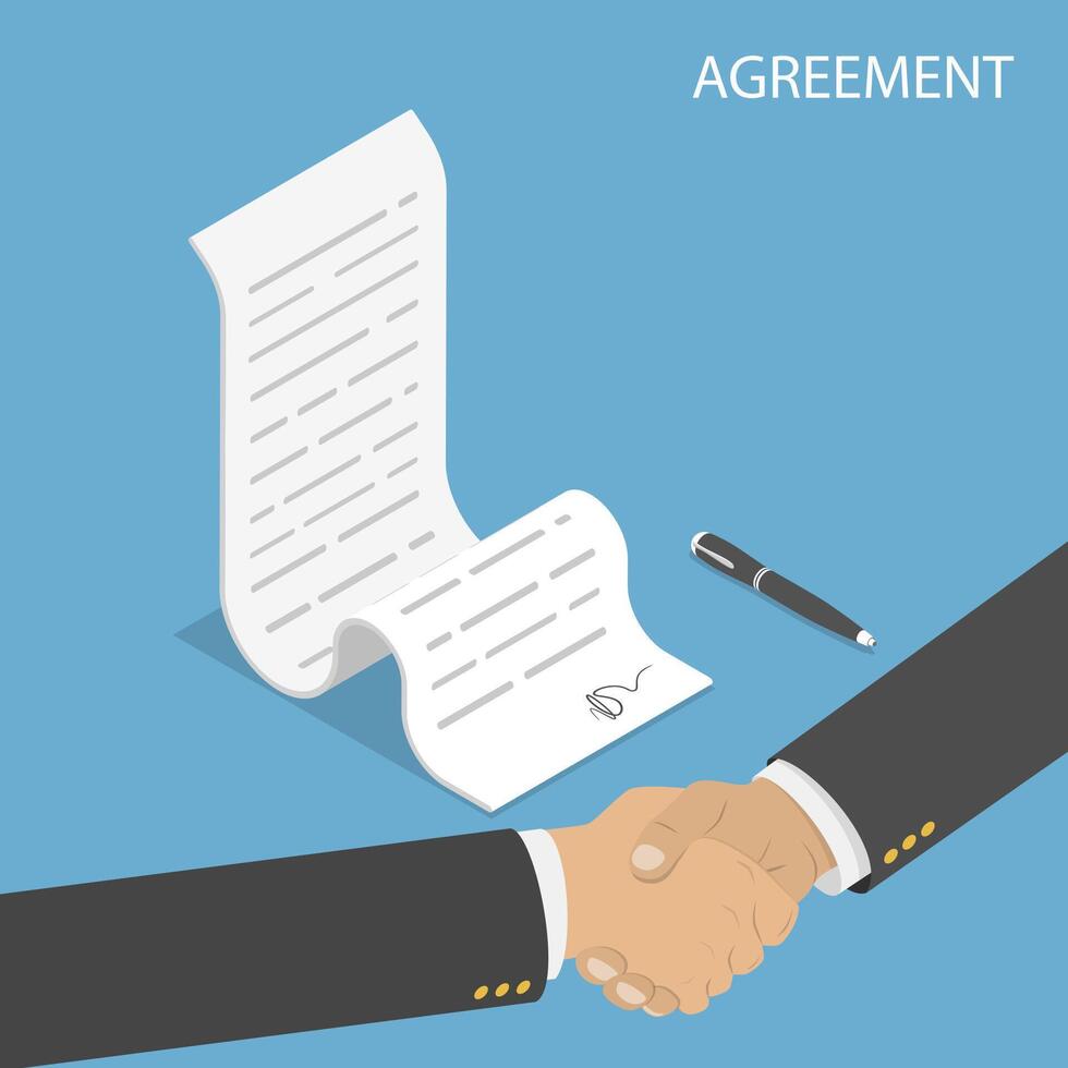 Isometric flat vector concept of agreement, handshake.