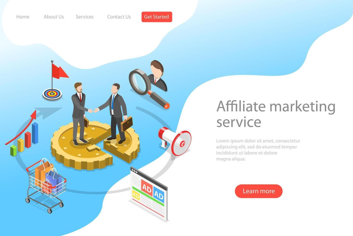 Flat isometric vector landing page template of affiliate marketing.